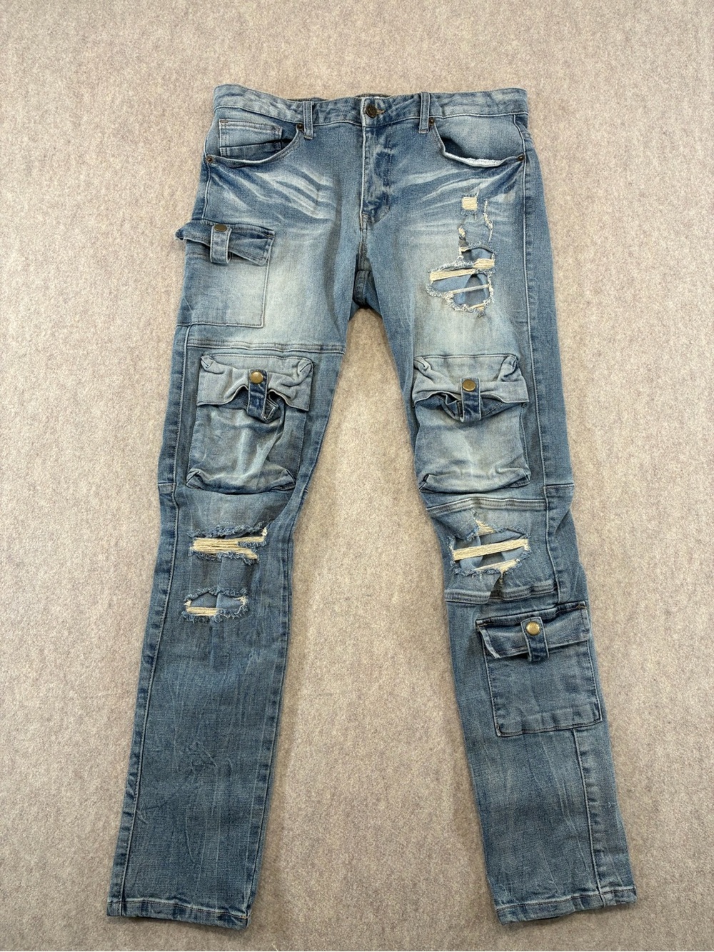 Grindhouse Jeans Men's Distressed Multi Pocket 34/34 Blue Denim